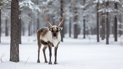 Majestic reindeer with impressive antlers standing in a snowy forest.