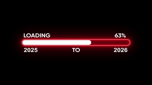 Loading bar from 2025 to 2026 new year transfer animation concept. New year 2026 loading bar animation Year changing from 2025 to 2026. Almost reaching New Year, isolated on black background.