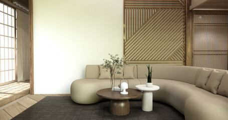 Fototapeta premium Wooden Arm chair and partition japanese on room tropical interior with tatami mat floor.3D rendering