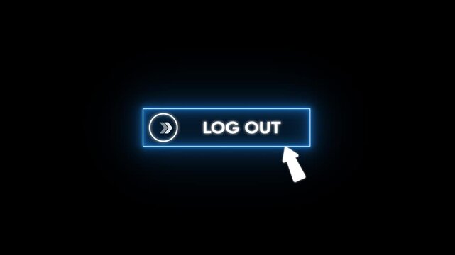 Log out button glowing neon animation with white Text and cursor click concept. isolated on transparent background. 4k video layer