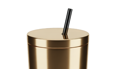 Golden metallic tumbler with black straw, isolated on transparent background, high-resolution studio shot