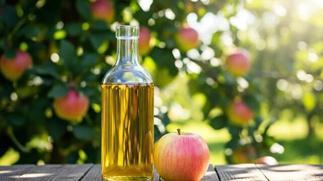 Bottle of apple cider vinegar with fresh apple in orchard