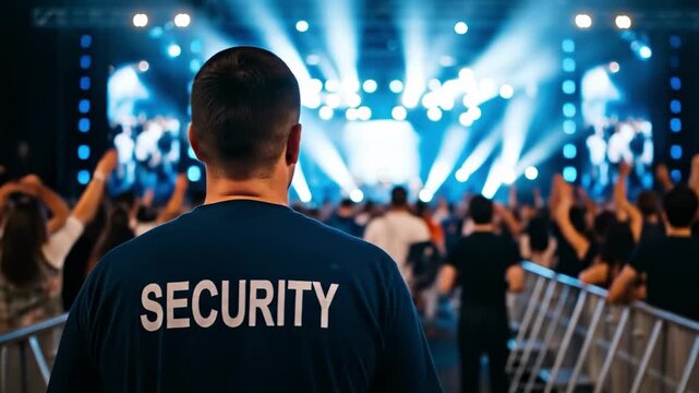 Security guard watches crowd at a concert with blue stage lights