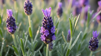Lavender flowers blooming in soft morning light with dew on stems creating a calm and dreamy atmosphere