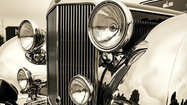 Closeup of a vintage cars chrome grille and headlights