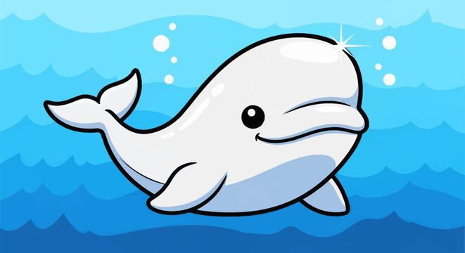 Cute cartoon beluga whale swimming happily underwater.