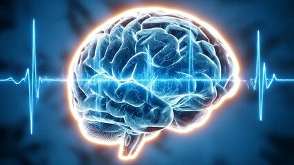 A glowing 3D digital brain with dynamic neural activity and electrocardiogram-style waves pulsing across the image - Powered by Adobe