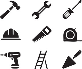 Black icons of construction tools including hammer wrench screwdriver hard hat saw tape measure drill ladder trowel