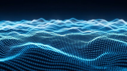 Abstract blue glowing digital wave pattern formed by countless small dots in motion