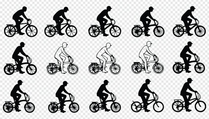 Silhouettes of a person riding a bicycle in various poses