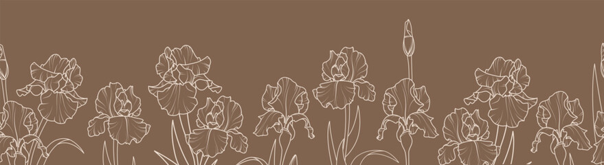 Seamless horizontal border with iris flowers. Vector illustration.

