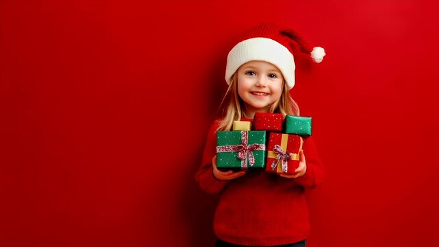 Winter holiday celebration concept. Christmas New Year. A young girl in a festive red sweater and Santa hat holds a stack of wrapped presents. The background is a solid, bright red.