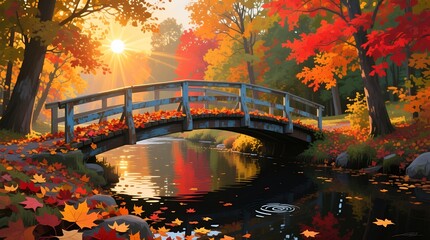 Autumn sunlight over a quiet wooden bridge and reflective forest pond