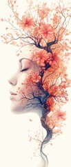 Human face made of a growing tree with blooming flowers