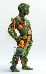 Human figure made entirely of fresh vegetables and fruits