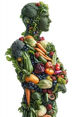 Human figure made entirely of fresh vegetables and fruits