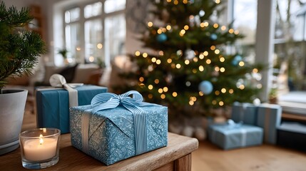 Obraz premium Festive wrapped gifts and a glowing Christmas tree create a warm holiday atmosphere in a cozy living room setting