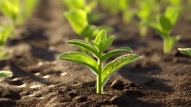Close-up of a young, green plant growing from soil, symbolizing growth and new beginnings in agriculture and nature