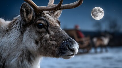 A reindeer stands in a snowy winter landscape under moonlight, highlighting wildlife in a serene holiday atmosphere