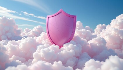 A fantasy dreamlike setting featuring a pink shield floating among soft clouds, The shield represents security and protection