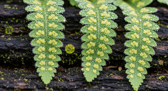 Closeup of three fern fronds with visible sori, showing reproductive structures on a dark, textured background