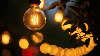 Close up of a vintage Edison light bulb glowing in the dark garden. Hanging decorative lamp with warm yellow light and bokeh background for outdoor evening party or cafe decoration.