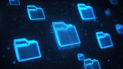 Abstract network grid with files and folders, futuristic software interface, digital document management system, store, search and organize documents, corporate business, paperless office	
