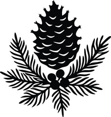 Christmas pine cone, fir tree, branch needle, leaf. Winter sprig, holly berry, Xmas spruce silhouette vector illustration