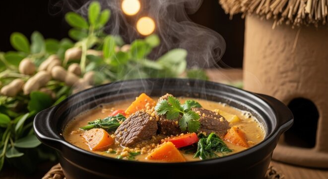 Creamy Cameroonian Maf&eacute; &ndash; Peanut Stew with Beef & Vegetables in Black Clay Pot
