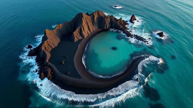 Explore a small island with rocky cliffs and clear water in the ocean under a bright sky