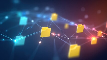Abstract network grid with files and folders, futuristic software interface, digital document management system, store, search and organize documents, corporate business, paperless office	
