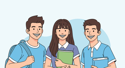 Fototapeta premium Group of three happy teenage students with dental braces are smiling together showcasing friendship and orthodontic treatment.