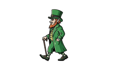 A charming leprechaun in a green suit with a hat and cane, a symbol of Irish folklore and luck