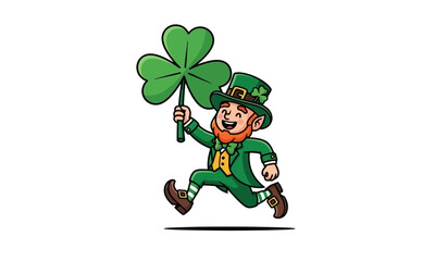 Cartoon Leprechaun Running with a Shamrock Clover for St