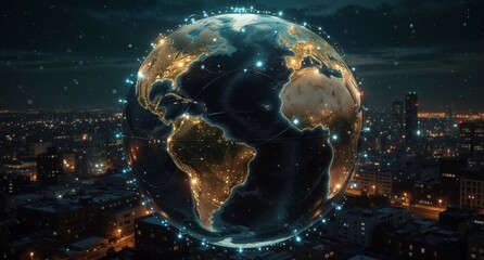 global network connection with city lights at night, representing worldwide communication and technology.