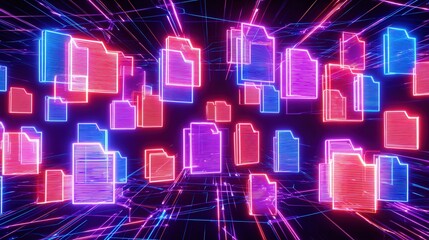 Abstract network grid with files and folders, futuristic software interface, digital document management system, store, search and organize documents, corporate business, paperless office	

