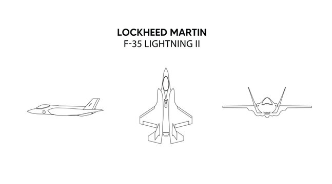 Detailed technical sketch illustrating multiple F-35 Lightning II aircraft positional views accurately
