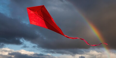 Red kite flying against stormy sky with rainbow and clouds