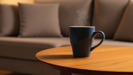 Blue coffee mug with hot steam rising on a wooden table in a cozy living room. Warm atmosphere with a blurred sofa and pillows in the background. Concept of relaxation and morning routine.