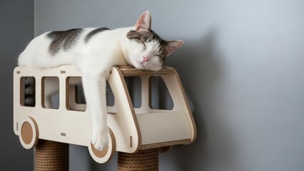 Cute white and tabby cat sleeping peacefully on a wooden toy bus. Adorable pet resting on cat furniture with a grey wall background. Concept of domestic animal comfort and sweet dreams.