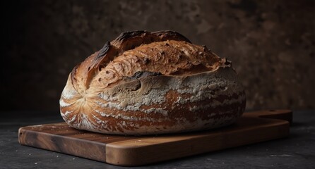artisan sourdough loaf on a wooden cutting board with dark moody background, rustic bread baking concept.