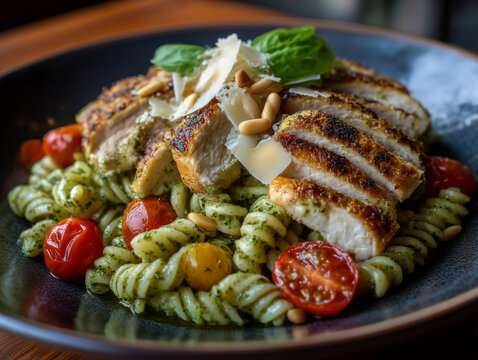 Grilled chicken pesto pasta with cherry tomatoes and parmesan