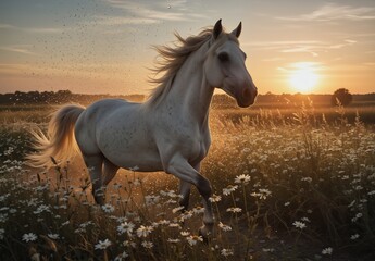white horse running free through a wildflower meadow at golden hour with sun flares and motion blur.