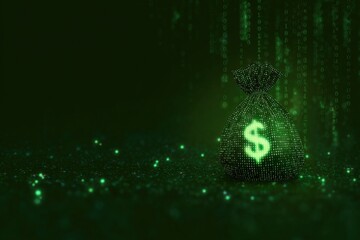 Digital currency concept with glowing money bag on binary code background