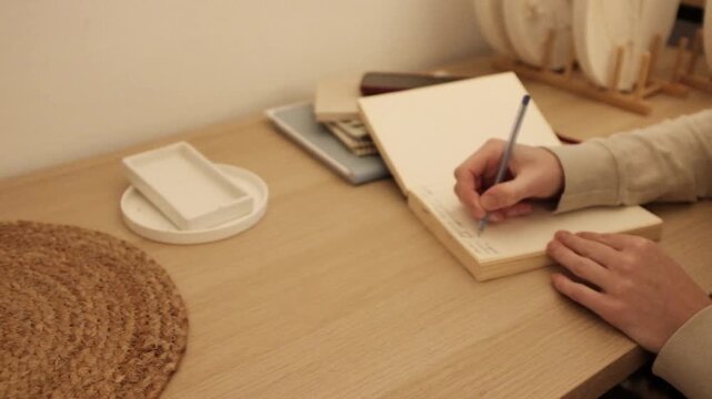 Beautiful light slow motion video. Gratitude journal, mental self care, mindfulness, self reflection, creatine writing. Concept of education, self planning, to do list.