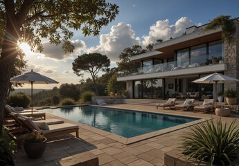 Fototapeta premium luxury modern villa with infinity pool and scenic landscape at sunset