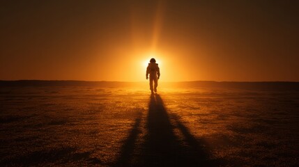 Astronaut Walking on Desert Terrain During Sunset with Long Shadow and Warm Lighting