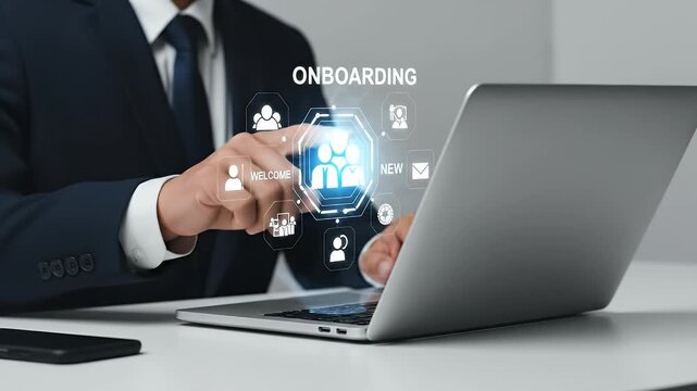 Close Up of Business Professional in Navy Suit Typing on Laptop with Onboarding Graphic in White Background
