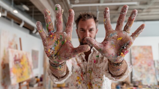Creative artist shows paint-covered hands in studio during art project - Powered by Adobe