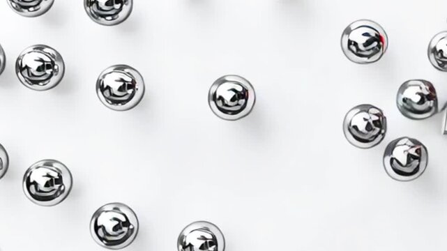 Shiny metallic chrome spheres floating on clean white background in smooth animation, abstract futuristic pattern symbolizing technology, innovation, minimal design, modern motion graphics and creativ